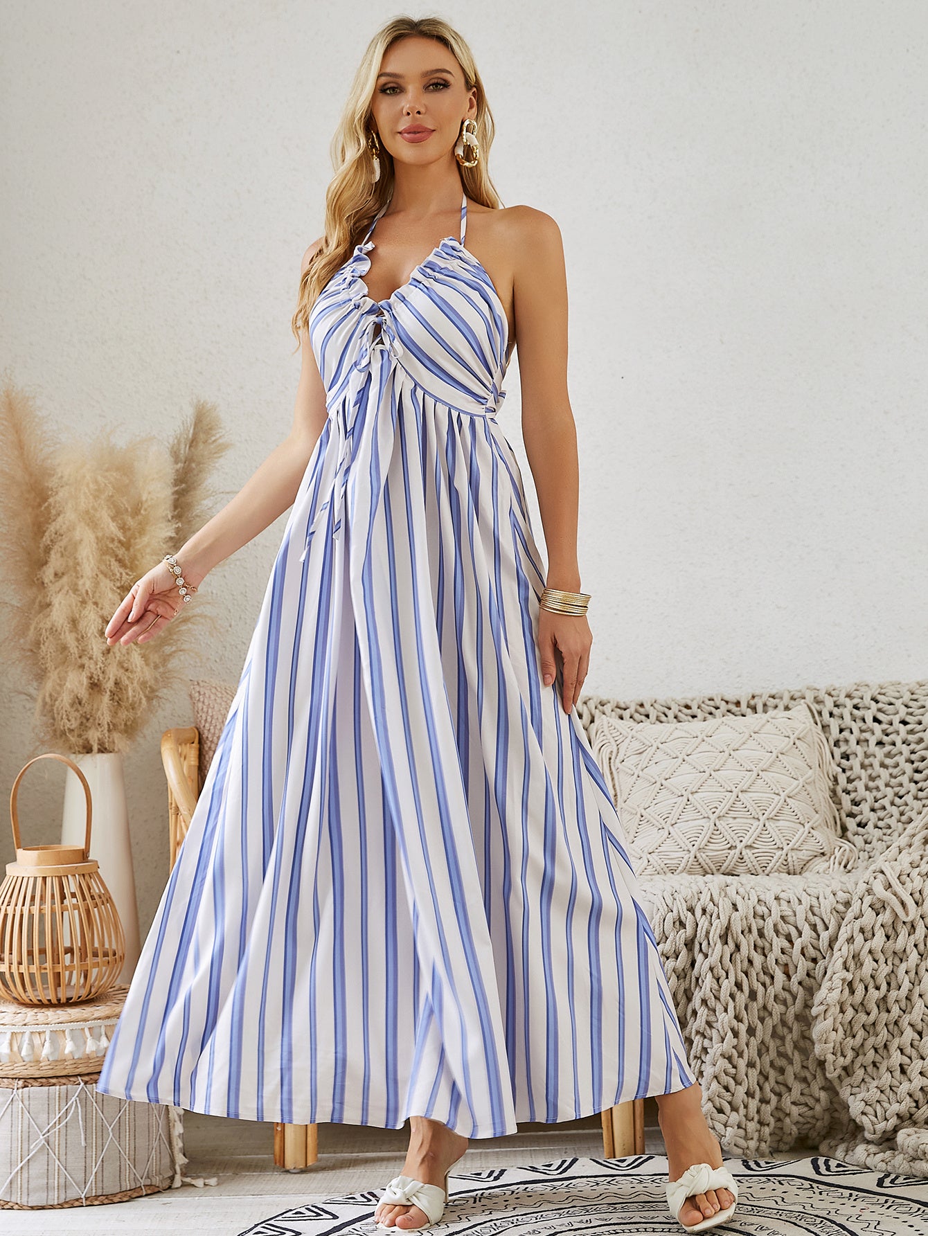 Bohemian Halter Maxi Dress - Women's Summer Sleeveless Flowy Beach Dress - Alsy store