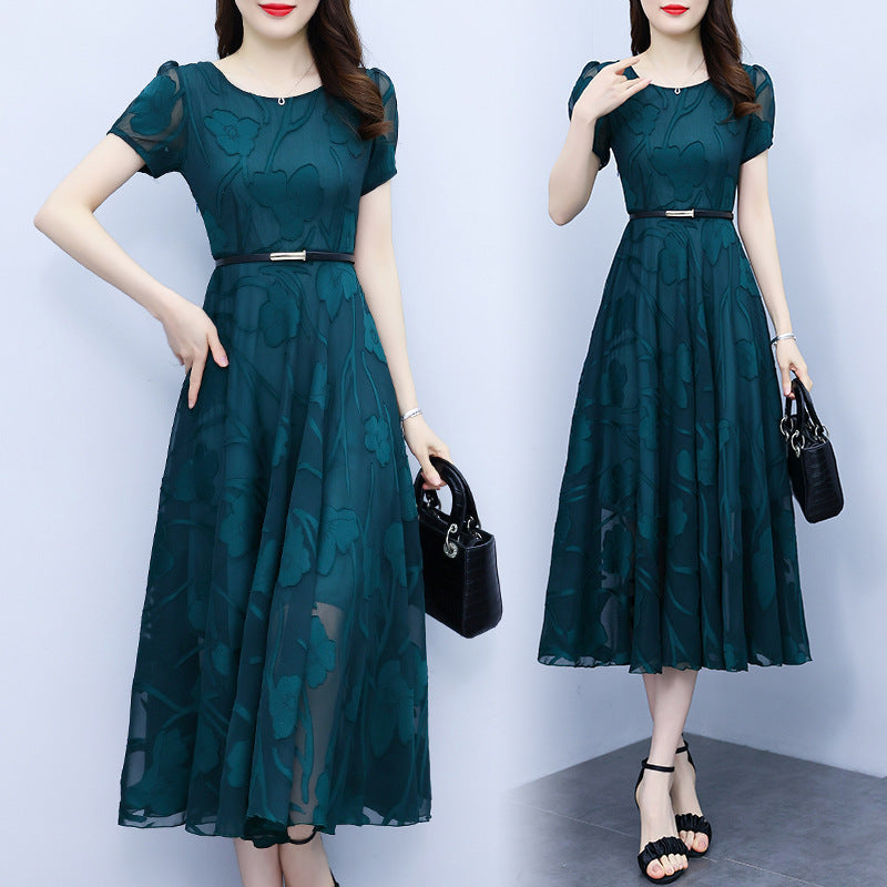 Fashion Round Neck Slim Fit Patchwork Chiffon Jacquard Dress