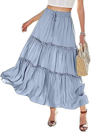 Women's Elastic High Waist A-Line Pleated Casual Maxi Dress - Alsy store