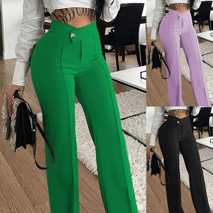 Slim Straight-leg Pants With Buckle Fashion Solid Color Trousers For Womens Clothing - Alsy store