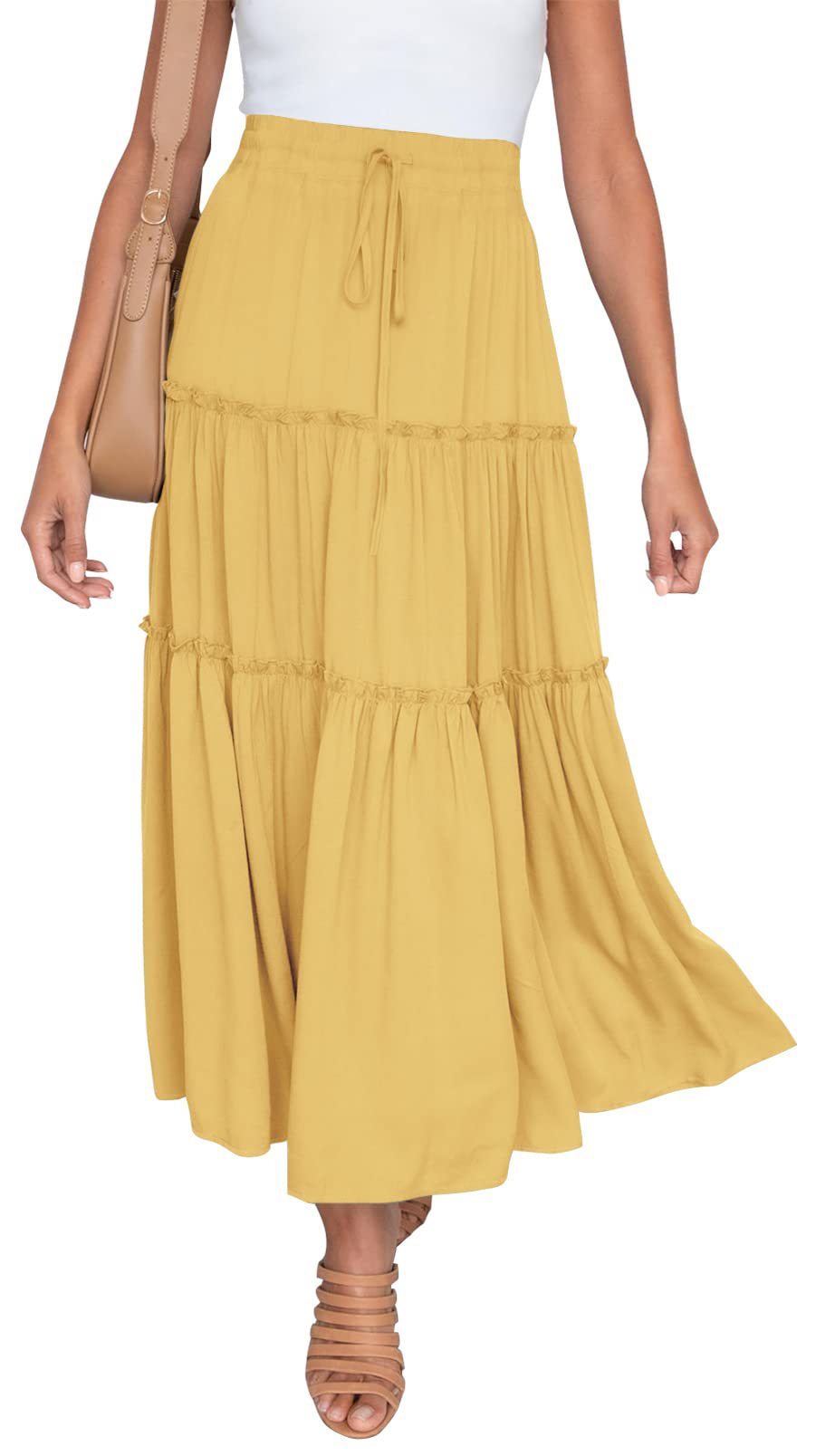 Women's Elastic High Waist A-Line Pleated Casual Maxi Dress - Alsy store