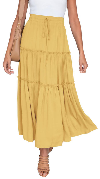 Women's Elastic High Waist A-Line Pleated Casual Maxi Dress - Alsy store