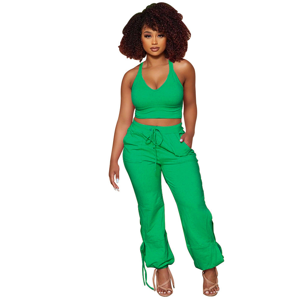 Ladies Fashion Solid Color Tank Top Tie Pants Two Piece Set - Alsy store