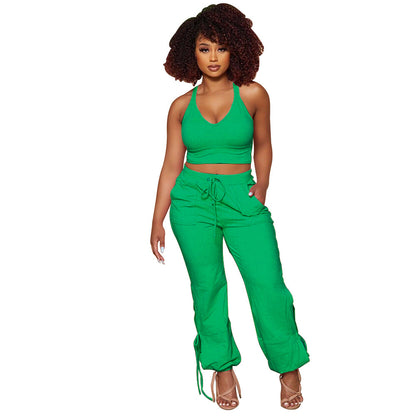 Ladies Fashion Solid Color Tank Top Tie Pants Two Piece Set - Alsy store