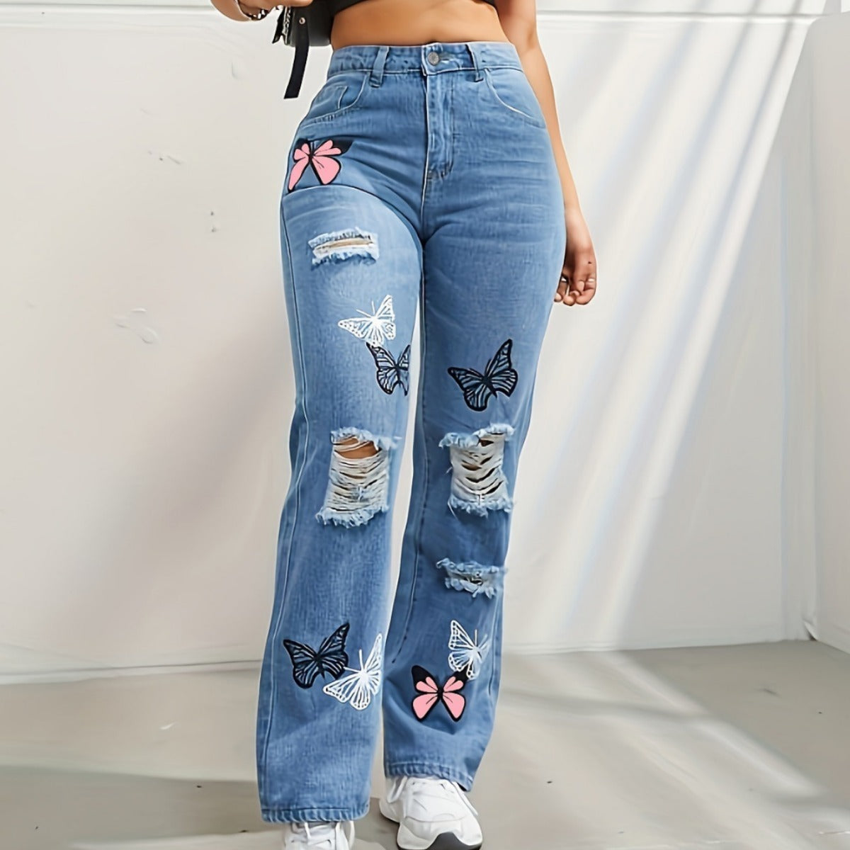 High Waisted Straight Leg Jeans For Women Trendy Butterfly Print Ripped Distressed Denim Pants - Alsy store