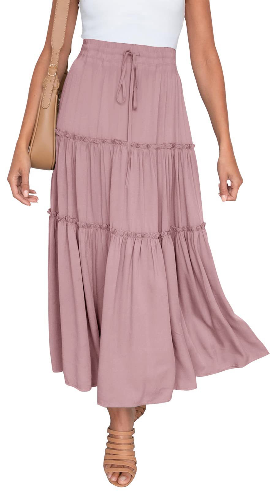 Women's Elastic High Waist A-Line Pleated Casual Maxi Dress - Alsy store