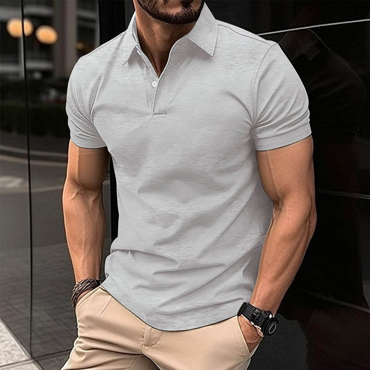 Summer Short Sleeve Polo Shirt Men Solid Color Button Lapel Button Top - Alsy store