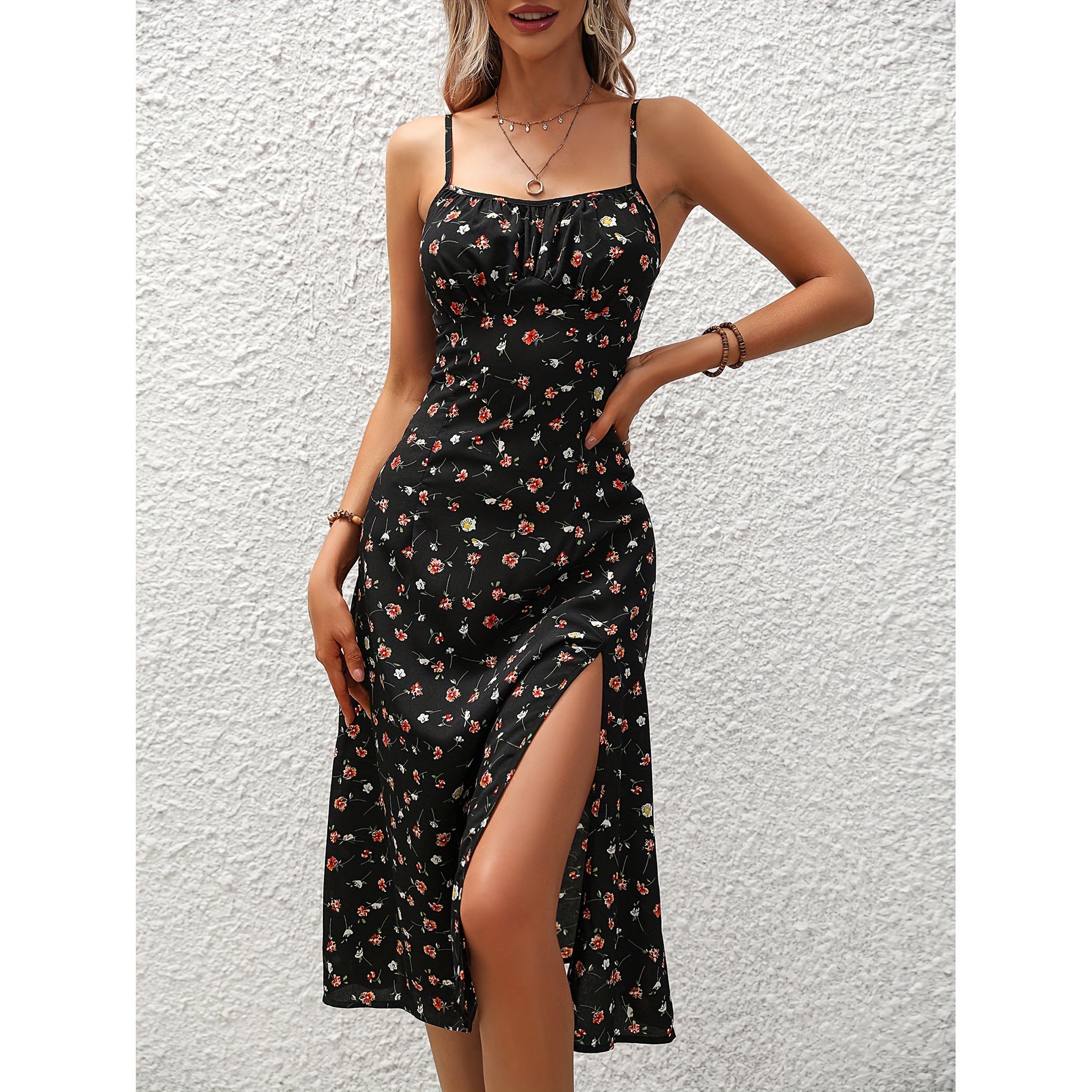 New Polka Dot Print Suspender Dress Summer Sexy Slit Long Dresses For Womens Clothing - Alsy store