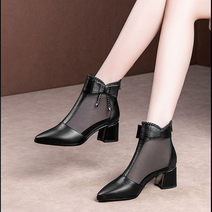 Color Block Thick Heel Sandals Mesh Fish Mouth Sandals Stiletto Boots High Heels