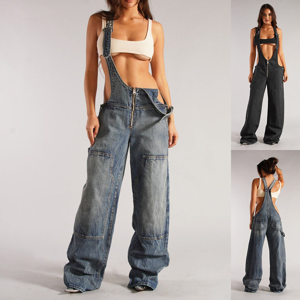 Y2K Denim Overalls With Pockets Fashion Loose Jumpsuit Streetwear Zipper Jeans Pants Womens Clothing - Alsy store