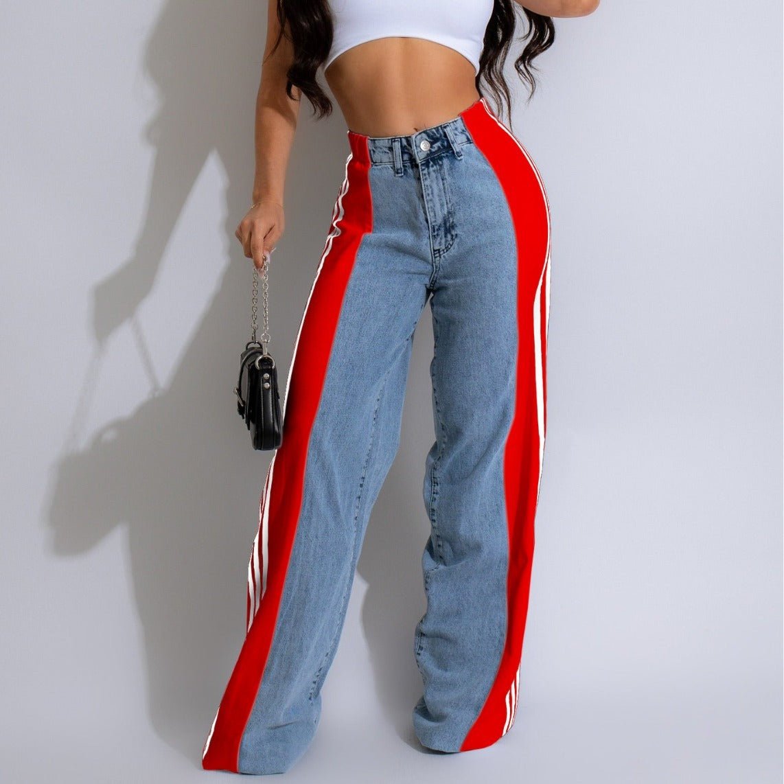 2024 Fashion Casual High Waist Elastic Straight Leg Trousers Three Stripe Patchwork Denim Wide Leg Pants Streetwear - Alsy store