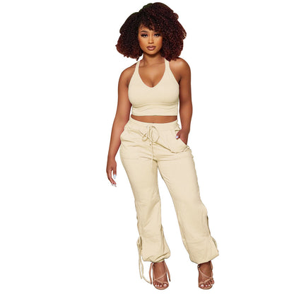 Ladies Fashion Solid Color Tank Top Tie Pants Two Piece Set - Alsy store