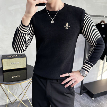 Fall Winter Men Color Contrast Patchwork Round Neck Sweater