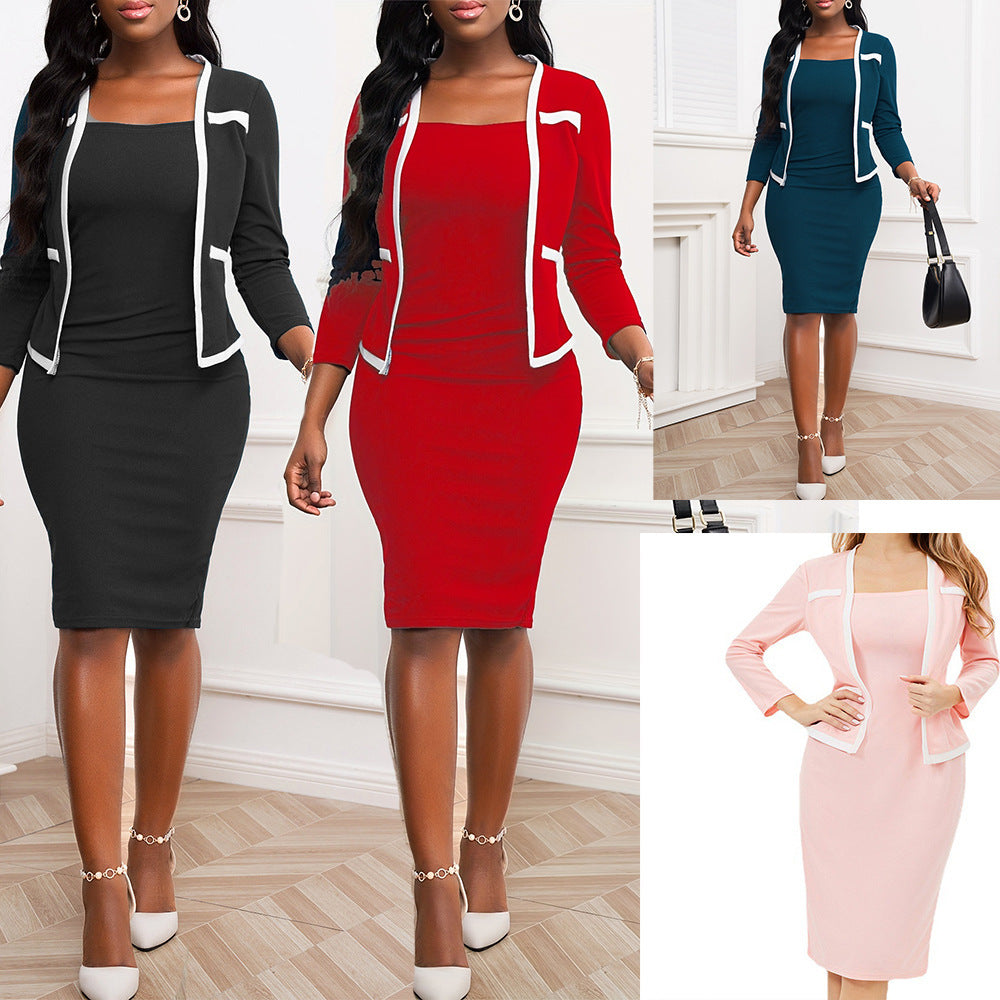 European And American Three-quarter Sleeve Fake 2 Pieces Stitching Professional Hip Bag Dress