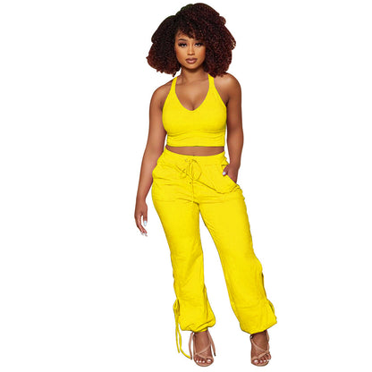 Ladies Fashion Solid Color Tank Top Tie Pants Two Piece Set - Alsy store