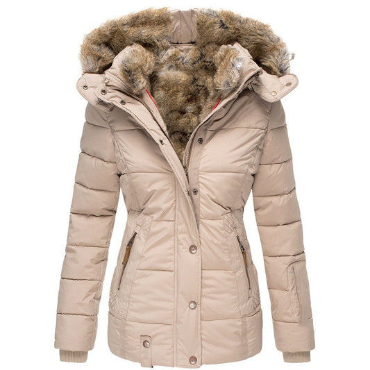 New Winter Warm Wool Collar Cotton Coat Women's Zipper Long Sleeve Slim Fit Cotton Coat Coat Hooded Coat
