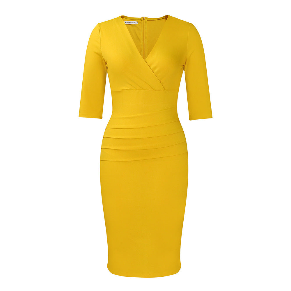 V-neck Temperament Sheath Plus Size Solid Color Dress