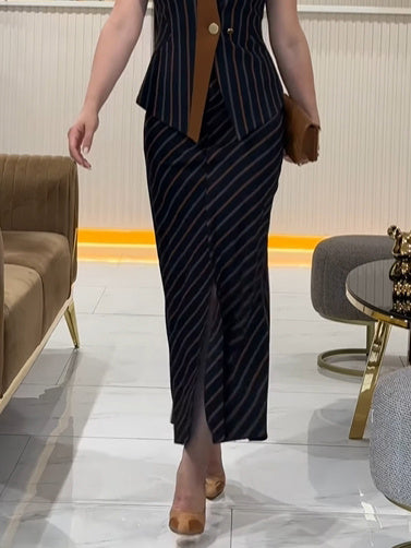 Striped Stand-up Collar Vest & Front Slit Skirt Suit - Alsy store