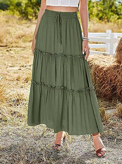 Women's Elastic High Waist A-Line Pleated Casual Maxi Dress - Alsy store