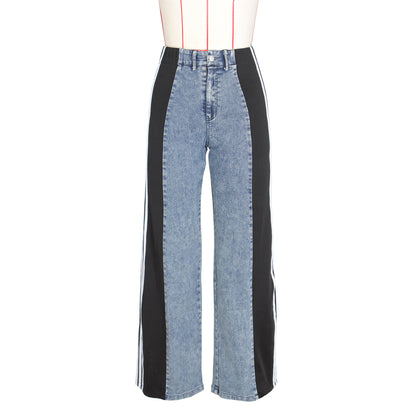 2024 Fashion Casual High Waist Elastic Straight Leg Trousers Three Stripe Patchwork Denim Wide Leg Pants Streetwear - Alsy store