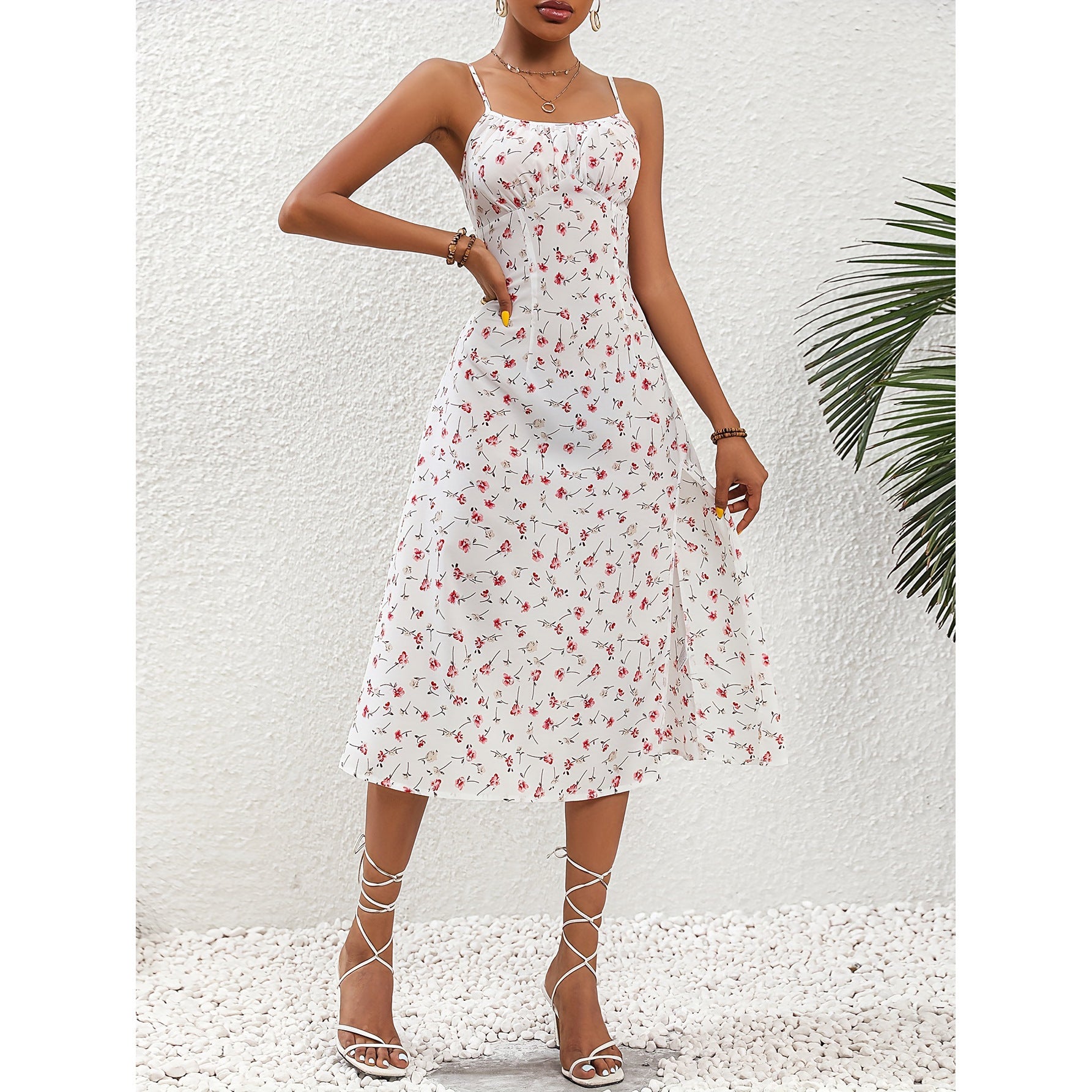 New Polka Dot Print Suspender Dress Summer Sexy Slit Long Dresses For Womens Clothing - Alsy store