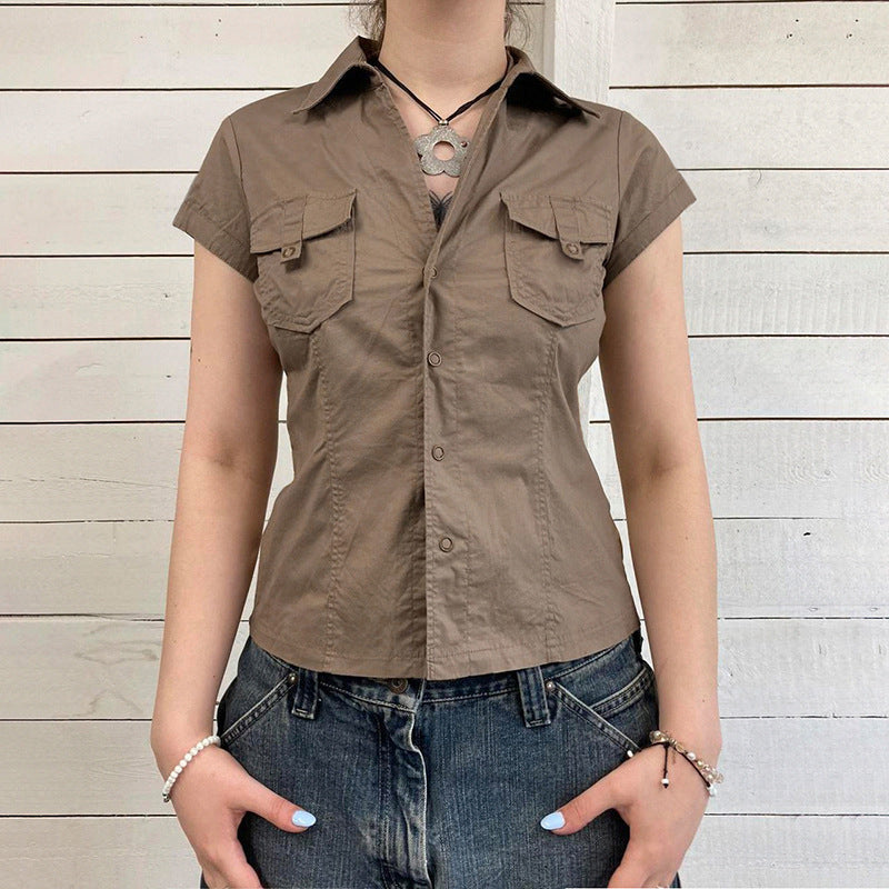 European And American Minimalist Basic Lapel Snap Fastener Tooling Style Shirt Short Sleeve Top - Alsy store