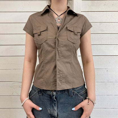 European And American Minimalist Basic Lapel Snap Fastener Tooling Style Shirt Short Sleeve Top - Alsy store