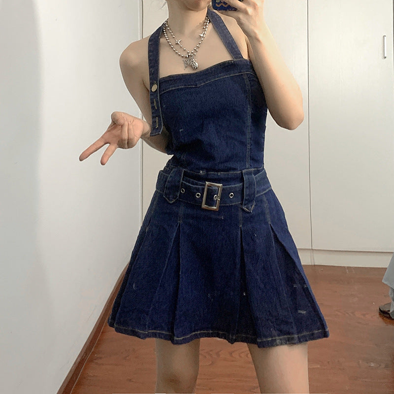 Women Denim Mini Dress Off Shoulder Halter Neck Sleeveless