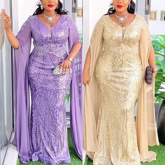 ZHEZHE Trendy Plus Size Women's Evening Dresses Elegant V-Neck Long Sequin dress