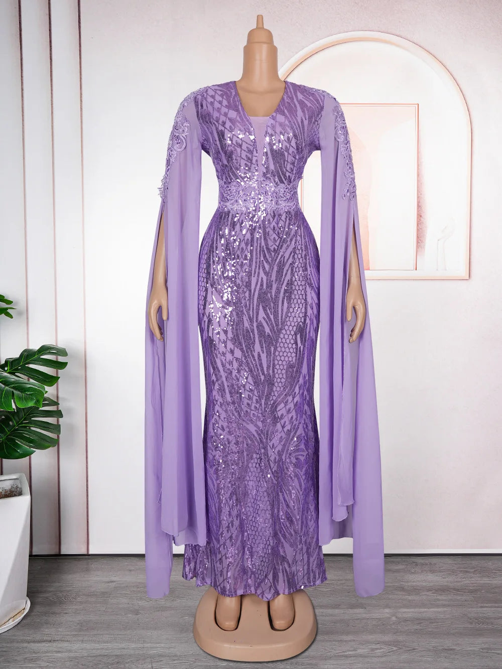 ZHEZHE Trendy Plus Size Women's Evening Dresses Elegant V-Neck Long Sequin dress