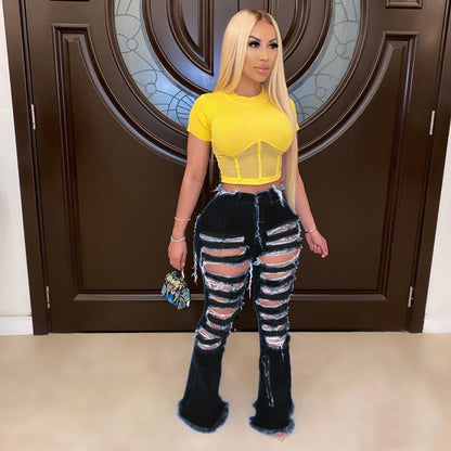 Wide Leg Ripped Street Trend Horn Bell Bottom Denim Pants Jeans Women