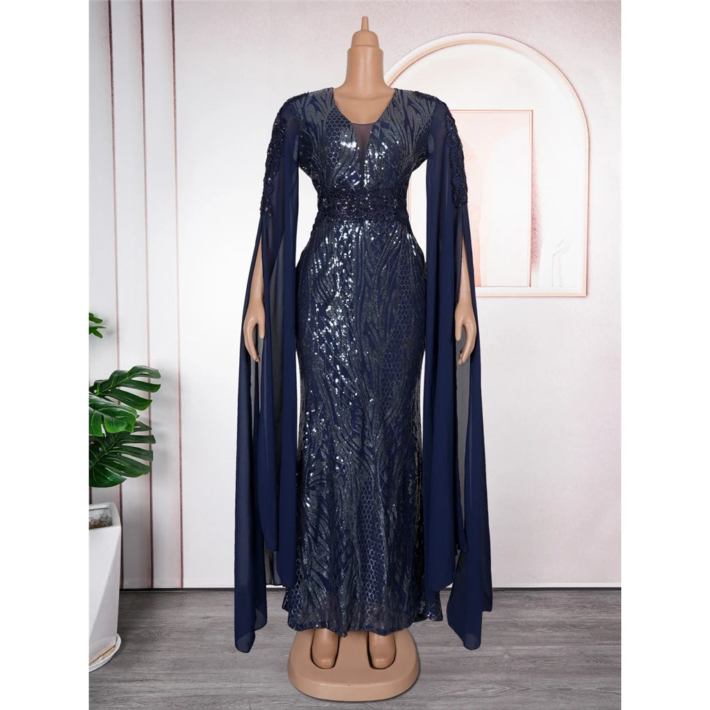 ZHEZHE Trendy Plus Size Women's Evening Dresses Elegant V-Neck Long Sequin dress