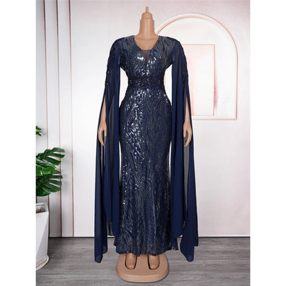 ZHEZHE Trendy Plus Size Women's Evening Dresses Elegant V-Neck Long Sequin dress