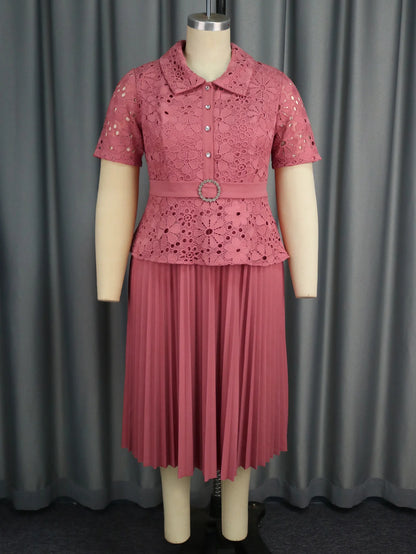 Church Turn Down Collar Peplum a Line Lace Pleated Career Dress With Belt
