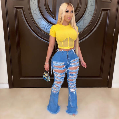 Wide Leg Ripped Street Trend Horn Bell Bottom Denim Pants Jeans Women