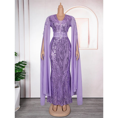 ZHEZHE Trendy Plus Size Women's Evening Dresses Elegant V-Neck Long Sequin dress