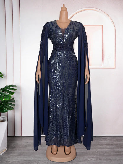 ZHEZHE Trendy Plus Size Women's Evening Dresses Elegant V-Neck Long Sequin dress