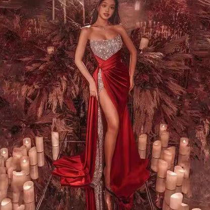 2025 Female European and American Cross-Border Sequined Slit Plus Size Long Skirt Sexy Off-Shoulder Tube Top Full Skirt Evening Dress Alsy store