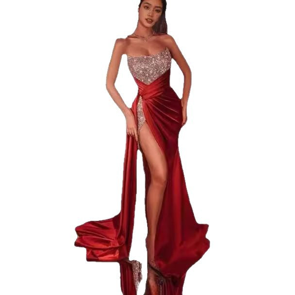 2025 Female European and American Cross-Border Sequined Slit Plus Size Long Skirt Sexy Off-Shoulder Tube Top Full Skirt Evening Dress Alsy store