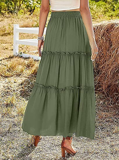 Women's Elastic High Waist A-Line Pleated Casual Maxi Dress - Alsy store