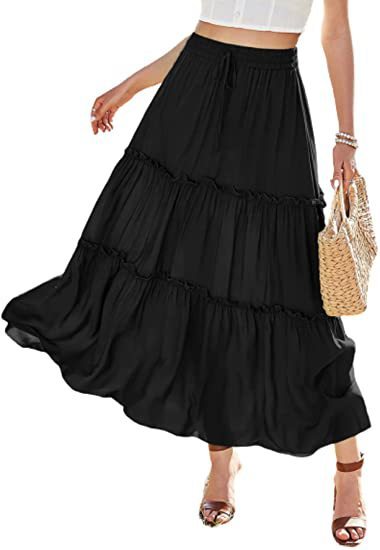 Women's Elastic High Waist A-Line Pleated Casual Maxi Dress - Alsy store