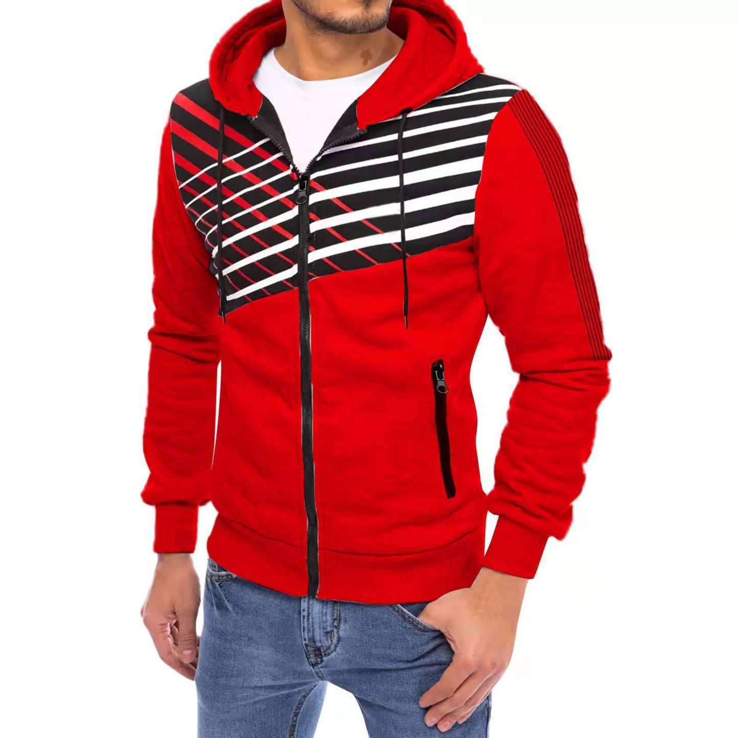 Men's Cardigan Hooded Patchwork Print Sweatshirt - Alsy store