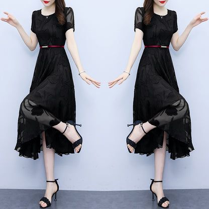 Fashion Round Neck Slim Fit Patchwork Chiffon Jacquard Dress