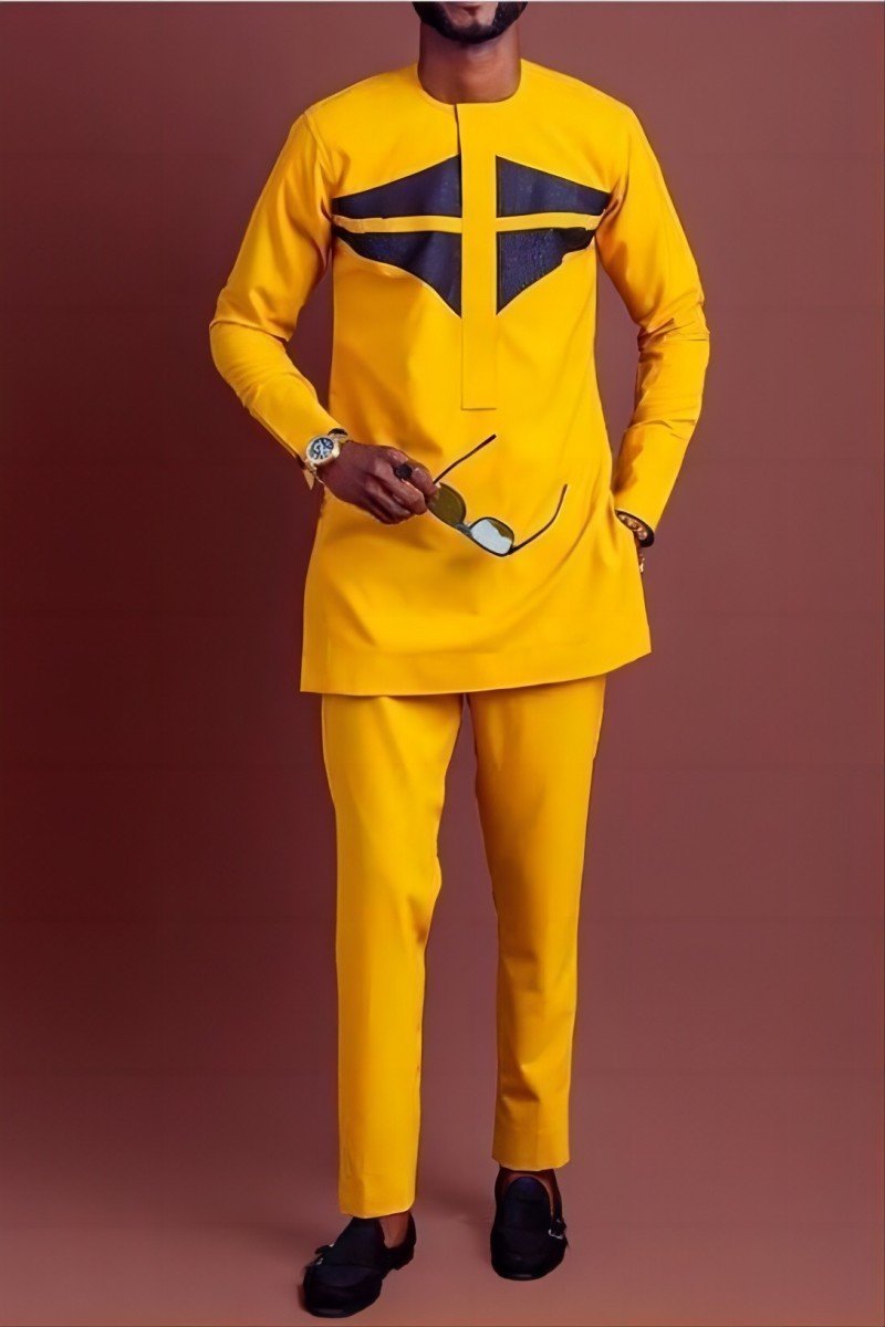 African Ethnic Style Casual Suit Yellow Shirt And Trousers 2 - piece Suit - Alsy store