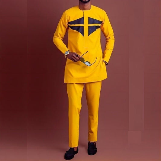African Ethnic Style Casual Suit Yellow Shirt And Trousers 2 - piece Suit - Alsy store
