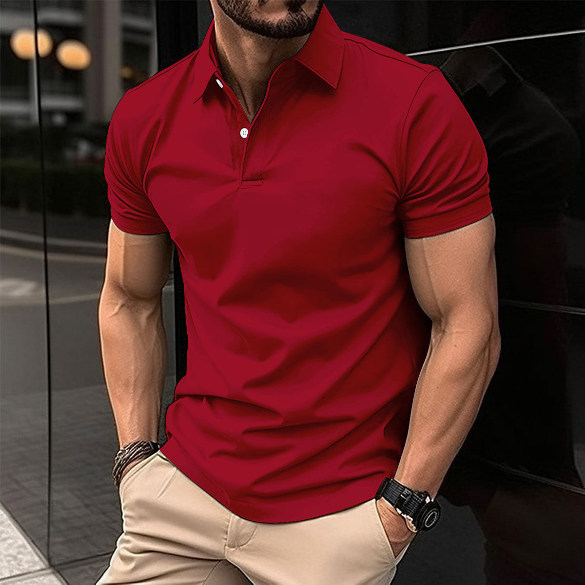 Summer Short Sleeve Polo Shirt Men Solid Color Button Lapel Button Top - Alsy store