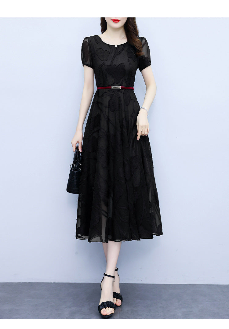 Fashion Round Neck Slim Fit Patchwork Chiffon Jacquard Dress