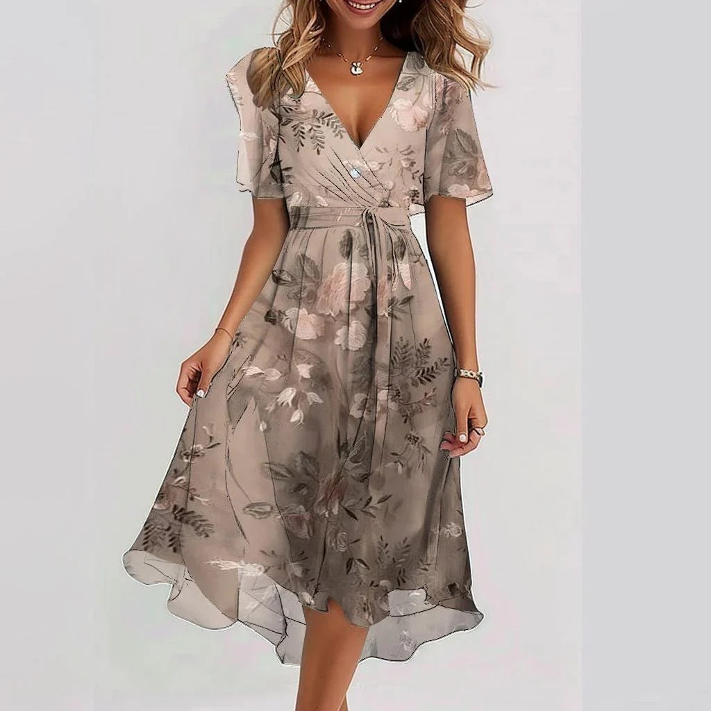 Chiffon Printed Short Sleeve Dress Summer Elegant V-neck Dresses Womens Clothing