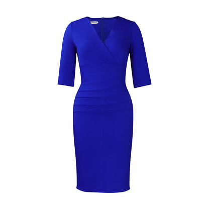 V-neck Temperament Sheath Plus Size Solid Color Dress