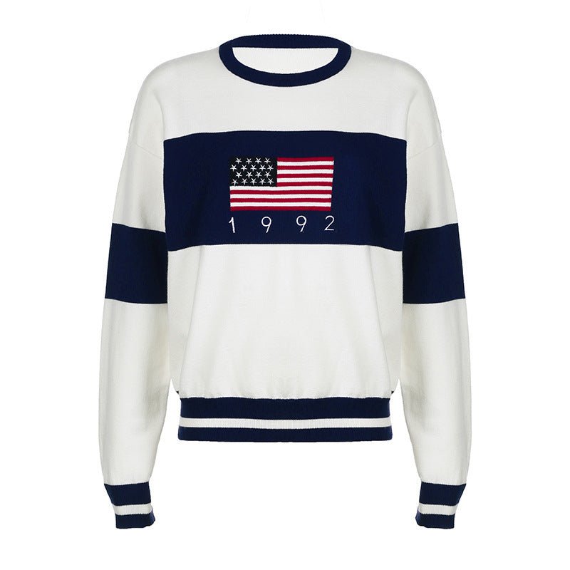 American Preppy Style Round Neck Long Sleeve Woolen Top - Alsy store